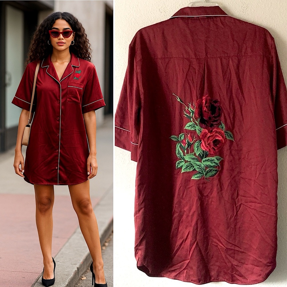 BED TO BRUNCH Satin Shirt Dress L Embroidered Sleepwear Streetwear Boho Burgundy